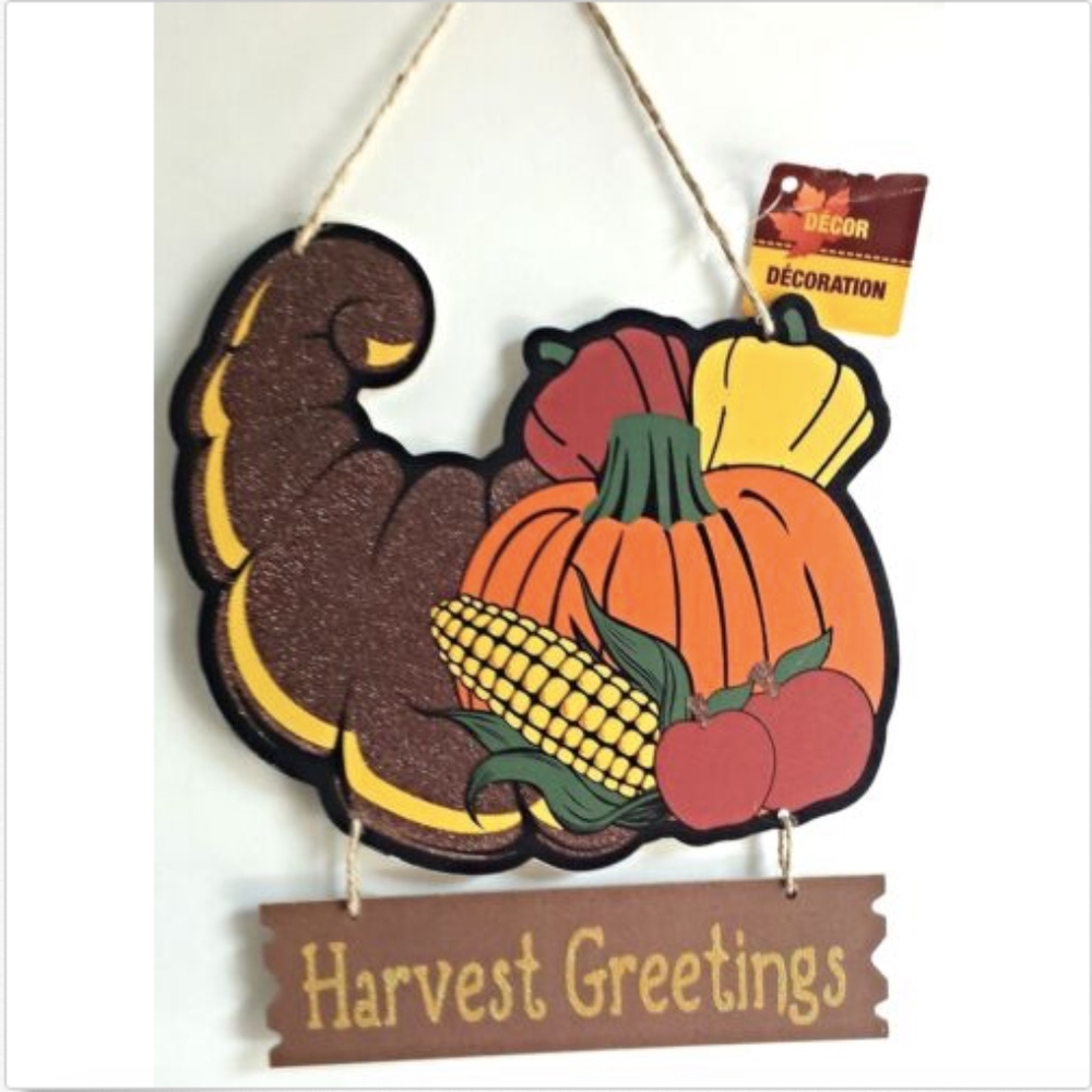 Cornucopia  Fall Decor Harvest Greetings Thanksgiving wall door plaque  glitter*